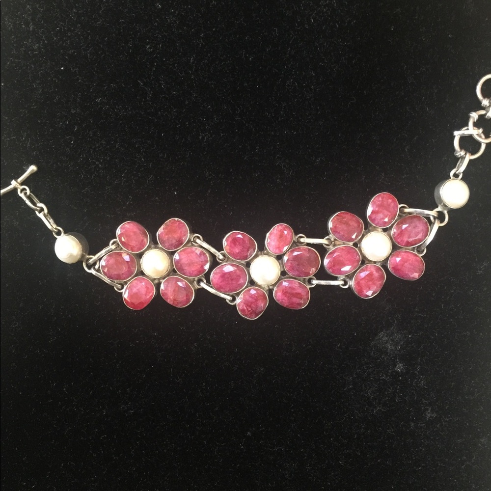 Raw Ruby And Pearl Silver Statement Bracelet - image 3